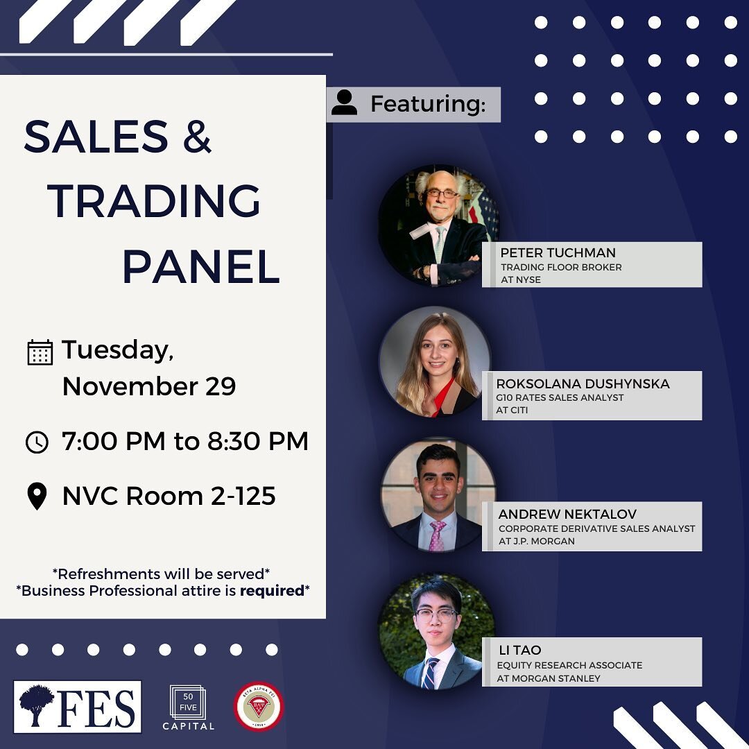 Calling ALL Bearcats! On November 29th, FES, 50Five Capital, and Beta Alpha Psi will be cohosting a Sales &amp; Trading Panel! This panel will be covering equities, fixed income, and derivatives. This is a great opportunity to network with profession