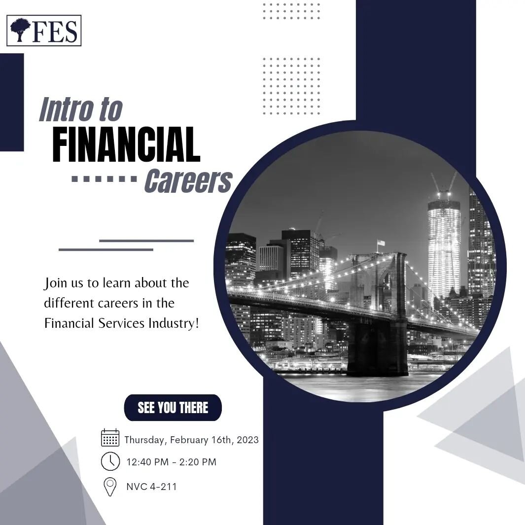 Join us this Thursday, February 16 during club hours in NVC 4-211 to learn about the different careers in the financial services industry. We'll see you there!