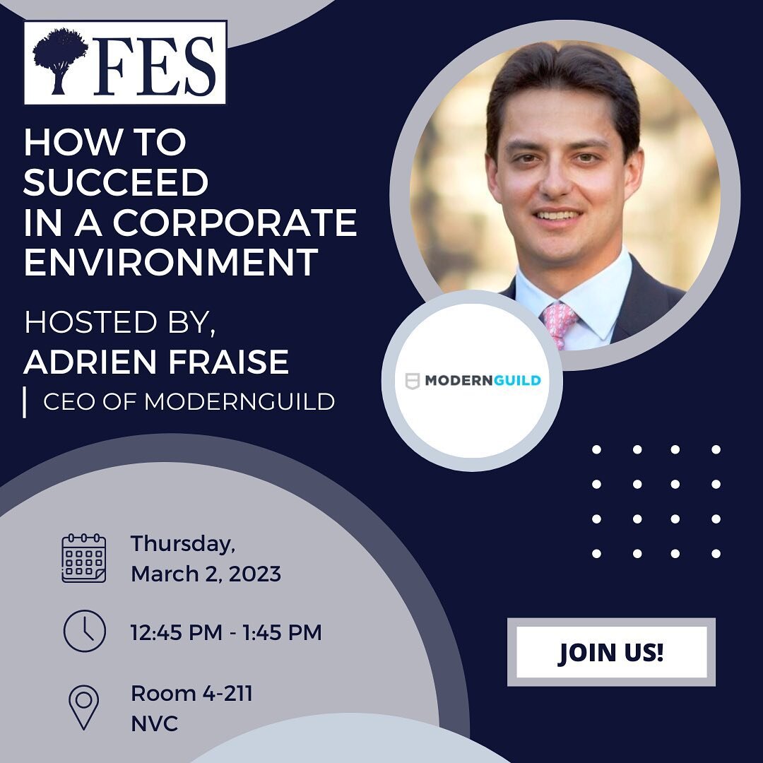 Join us this Thursday on March 2nd at NVC in Room 4-211 from 12:45PM to 1:45PM where you&rsquo;ll get the chance to learn more about Adrien Fraise, the CEO of ModernGuild! Learn about his experiences, ModernGuild boot camps, and many more! We hope to