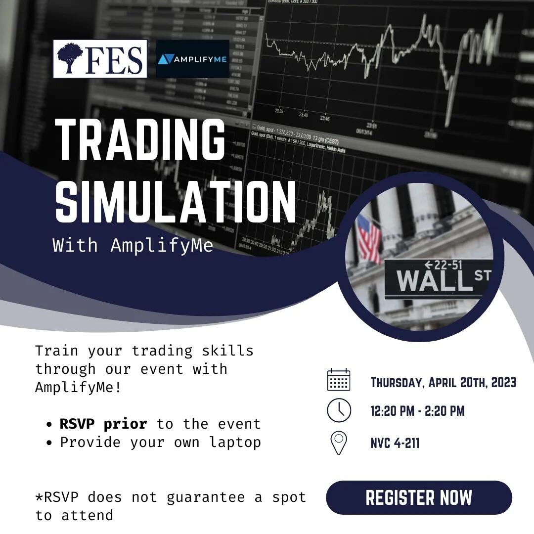 Join us this Thursday to take part in a Trading Simulation with AmplifyMe! Bring your own laptop and develop your trading skills with us. 

Date: Thursday, April 20
Time: 12:20 PM to 2:20 PM
Location: NVC 4-211 

The link to sign up is in our bio. Pl