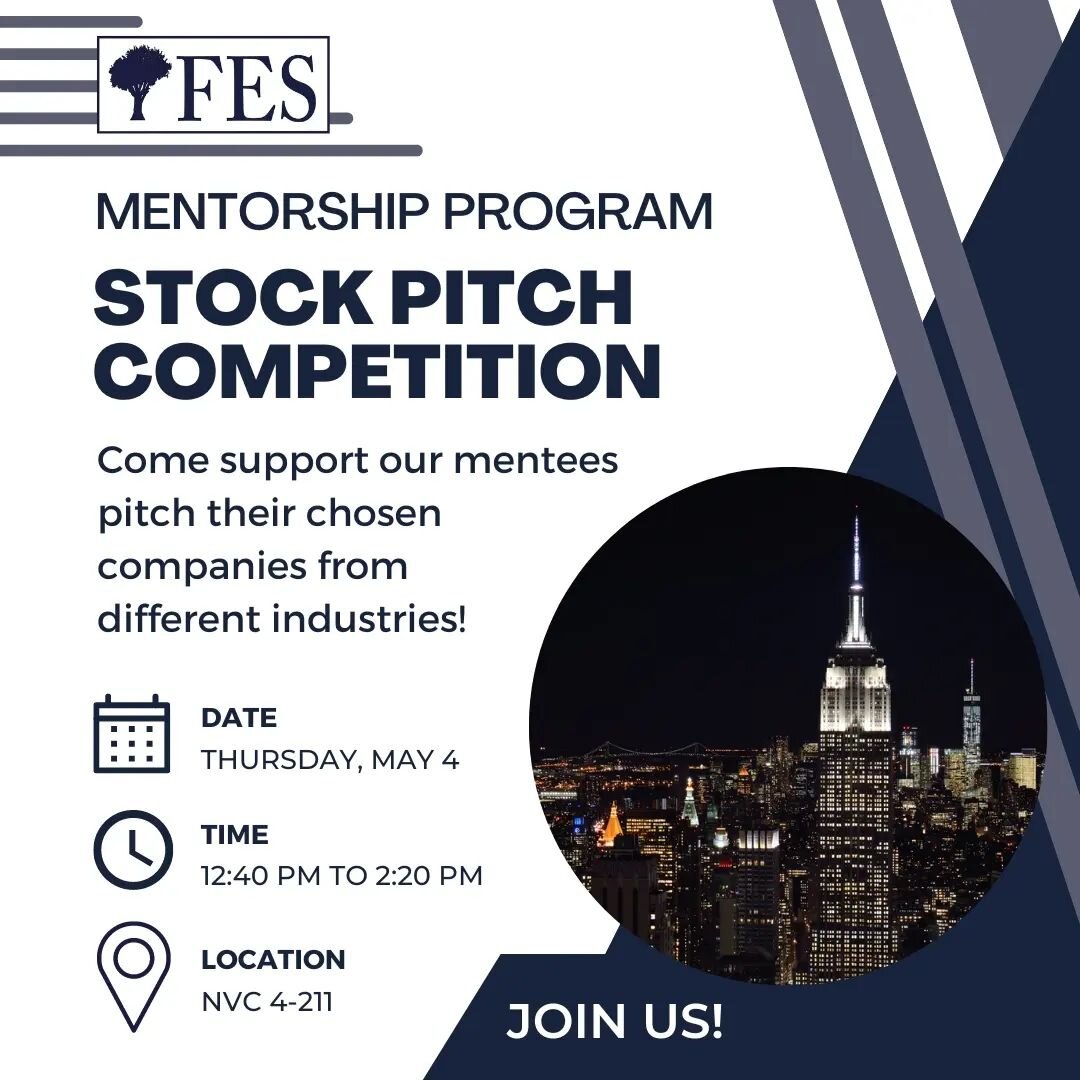 Join us this Thursday, May 4 during club hours for our Mentorship Program's Stock Pitch Competition! We look forward to seeing you there!