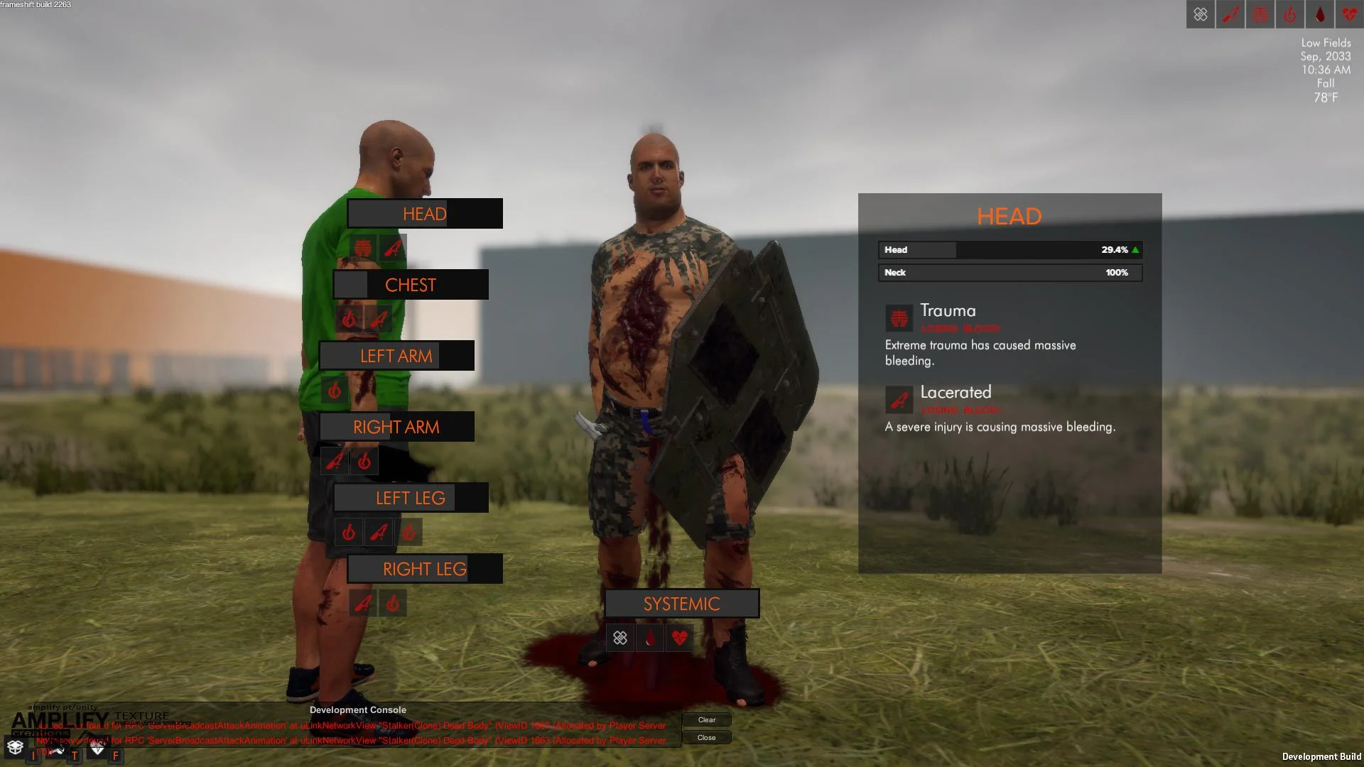 A player with a shield examining himself. He's also kinda chubby and horribly eviscerated!