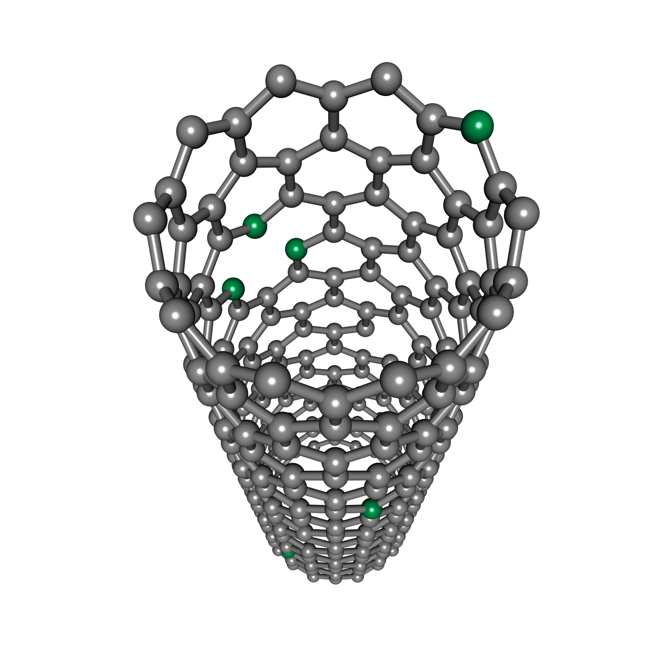 An atomistic model of a single-walled carbon nanotube doped with nitrogen heteroatoms (shown in green). Depending on their covalent radius and valence electronic structure, the dopants can bond in different configurations. These can have quite different effects on the properties of the host material, making the identification of bonding one of the crucial research questions.