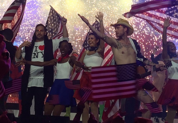 Pastor Ben Houston on stage with fellow pastor and "naked cowboy" Diego Simila