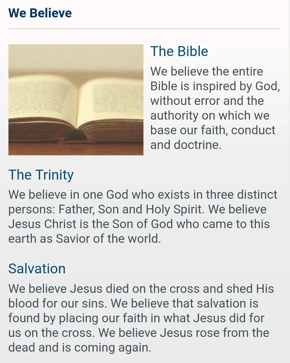 Screenshot of a popular mega-church's statement of faith