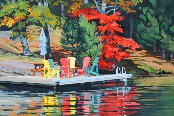 A painting of Muskoka chairs on a dock by Mary-Dawn Roberts.