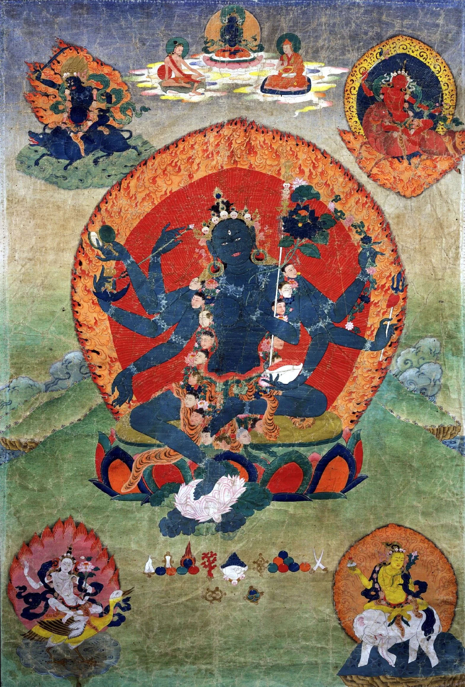 18th century Eastern Tibeten Thanka, with the Green Tara (Samaya Tara Yogini) in the center and the Blue, Red, White and Yellow Taras in the corners, Rubin Museum of Art