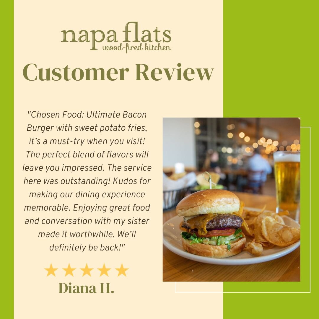Cheers to Diana, now an honorary member of the Napa Flats family, for her delightful burger saga! 🍔👭 Join us at Napa Flats for a delicious experience and who knows, your meal might just become our next big story. Ready to make some mouthwatering me