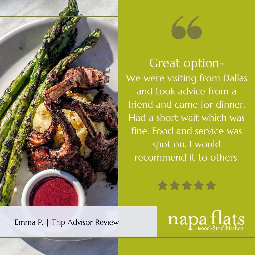 From Dallas with love! 🌆✨ Thanks, Emma, for recommending us. 🥂 It&rsquo;s always a pleasure to know our guests leave with great experiences. For anyone looking for a spot-on dinner experience, just ask Emma!

#NapaFlats #NapaFlatsWoodFiredKitchen #