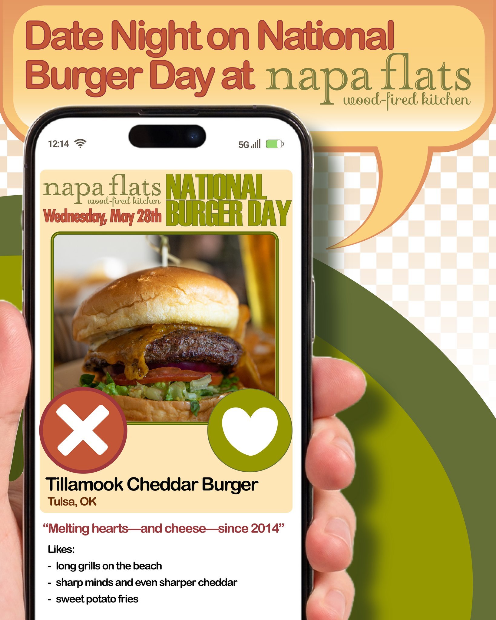 National Burger Day - the perfect excuse for date night! 🍔 🔥
Join us today and treat yourself to our Tillamook Cheddar Burger!! #napaflats #swiperight #everydayisburgerday #tillamookcheddarburger #eatlocaltulsa #napaflatstulsa #bestrestauranttulsa 