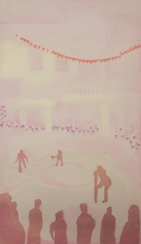   Game in Pink,  2012, pastel, acrylic, photo transfer and fabric on canvas, 18" x 31" 