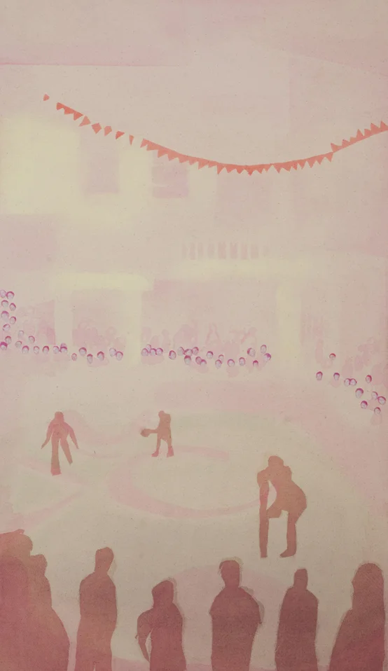Game in Pink, 2012, pastel, acrylic, photo transfer and fabric on canvas, 18" x 31"