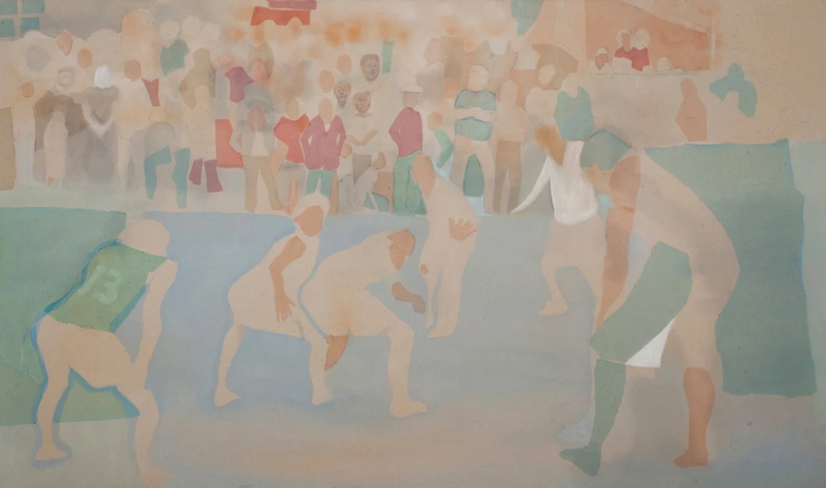 Game in Blue , 2012, pastel, acrylic and fabric collage on canvas, 40" x 25"
