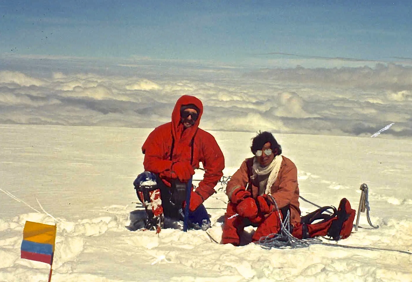 On the summit of Chimborazo with Ecuadorian guide Jorge Anhalzer.