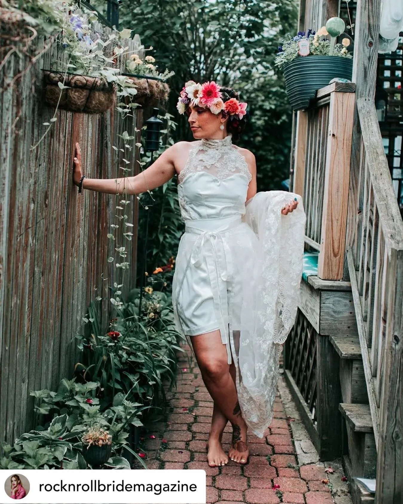 Repost 
&bull; @rocknrollbridemagazine Wearing shorts and a top made from her mother&rsquo;s wedding dress from 1984 😭 April married Ryan in a colourful meets bohemian chic celebration last Juneteenth. See more from their day by searching 'colourful