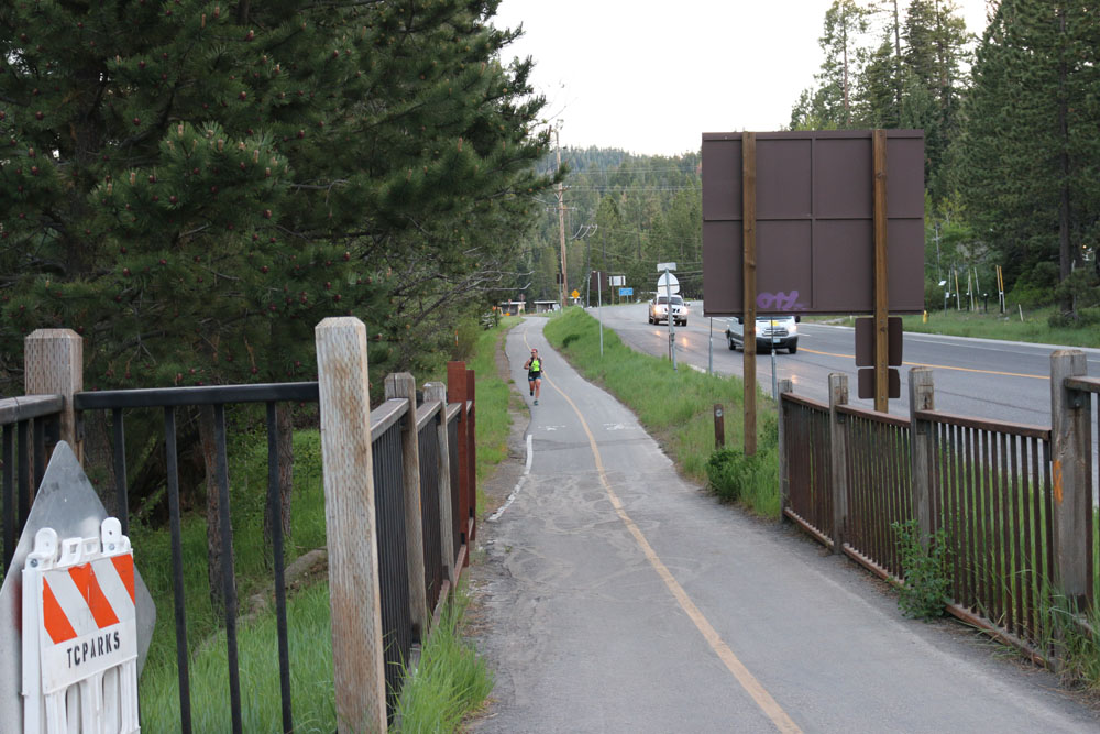 How many times did I run on this bike path (between Tahoe City and Squaw Valley?) Finishing my second leg of the race at dusk.