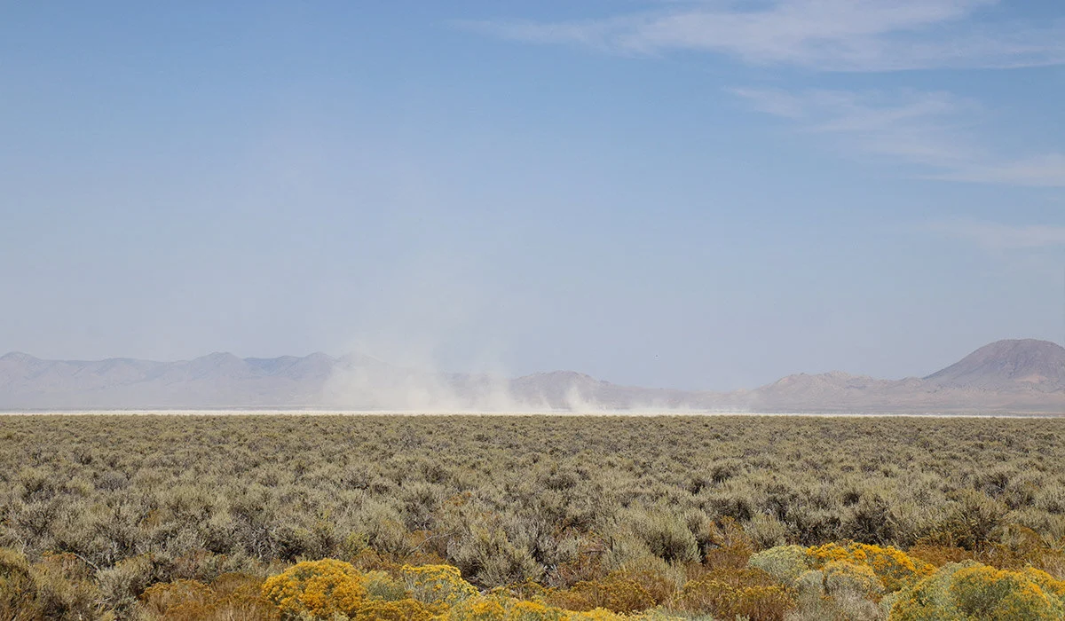 Wind forms dust-sculptures in the distance as we descend into the Smith Creek Valley, working our way toward Railroad Pass.