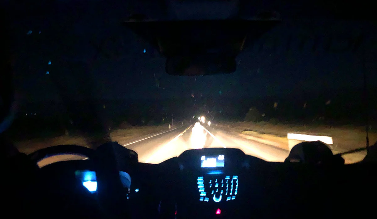 It’s hard to see, but the big mass of white light in the middle of the windshield is Rich. Here, he’s riding back through the Reese River Valley toward the Smith Creek Ranch where he will exchange the GPS tracker with Mike. Rich is a very steady rider, and his cadence is mesmorizing.