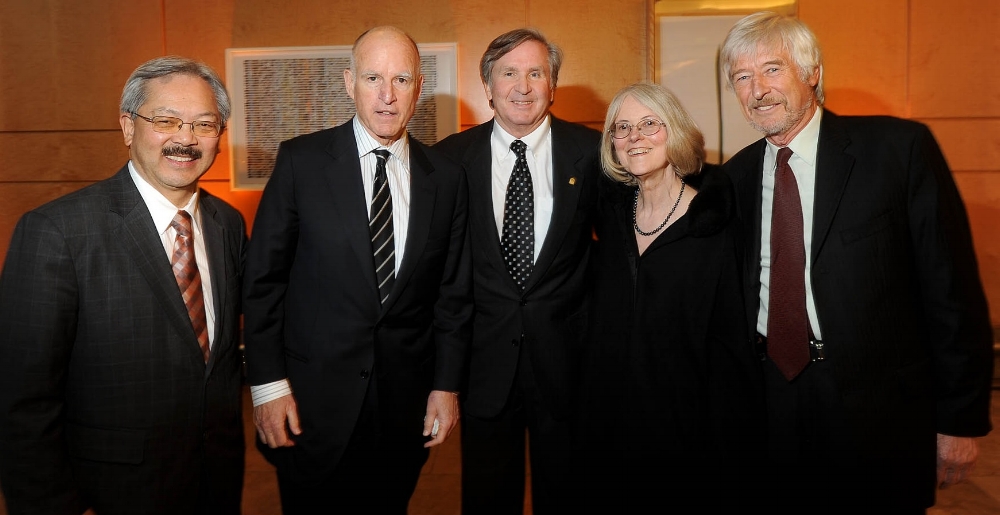Rae Lyn was an honored guest at the opening of a new hospital at Mission Bay, San Francisco, in 2014. (left to right): Ed Lee, mayor of San Francisco; Jerry Brown, governor of California; Brook Byers, renowned venture capitalist; Rae Lyn; Dr. Regis Kelly.