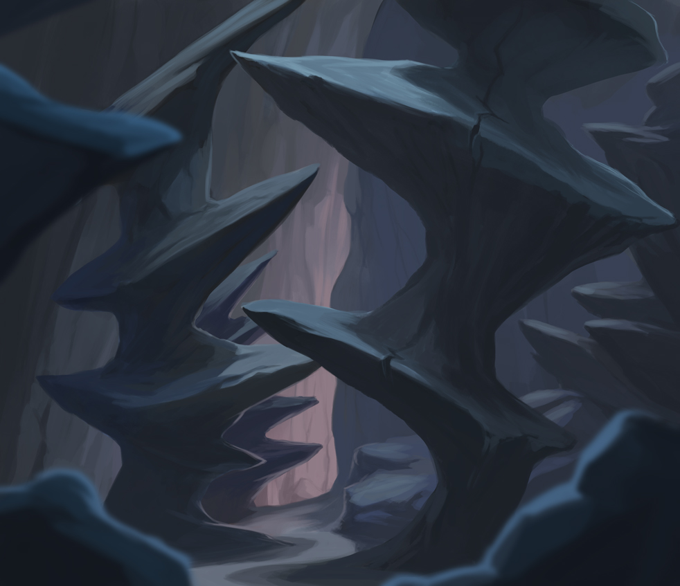 Concept: Strange rock formations in a dim cave leading to a brighter lit location.