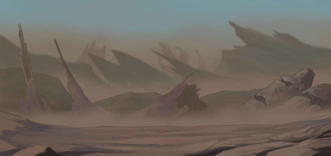 Concept: Smog and dust filled planet, full of crashed remains of old starships.