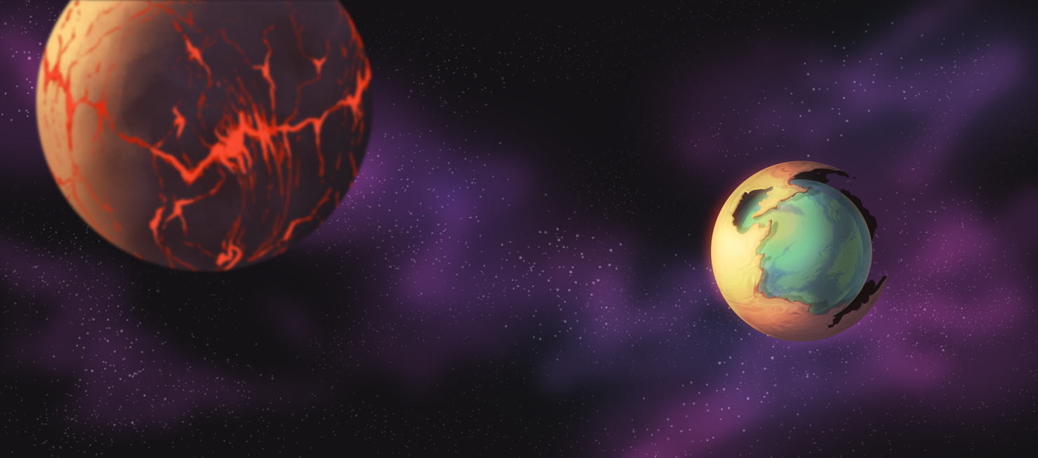Concept: A planet that was dying, and was re-purposed by an advanced race who kept the old crust and created a new planet within a gargantuan bio-dome. A moon in foreground with active volcanic activity.