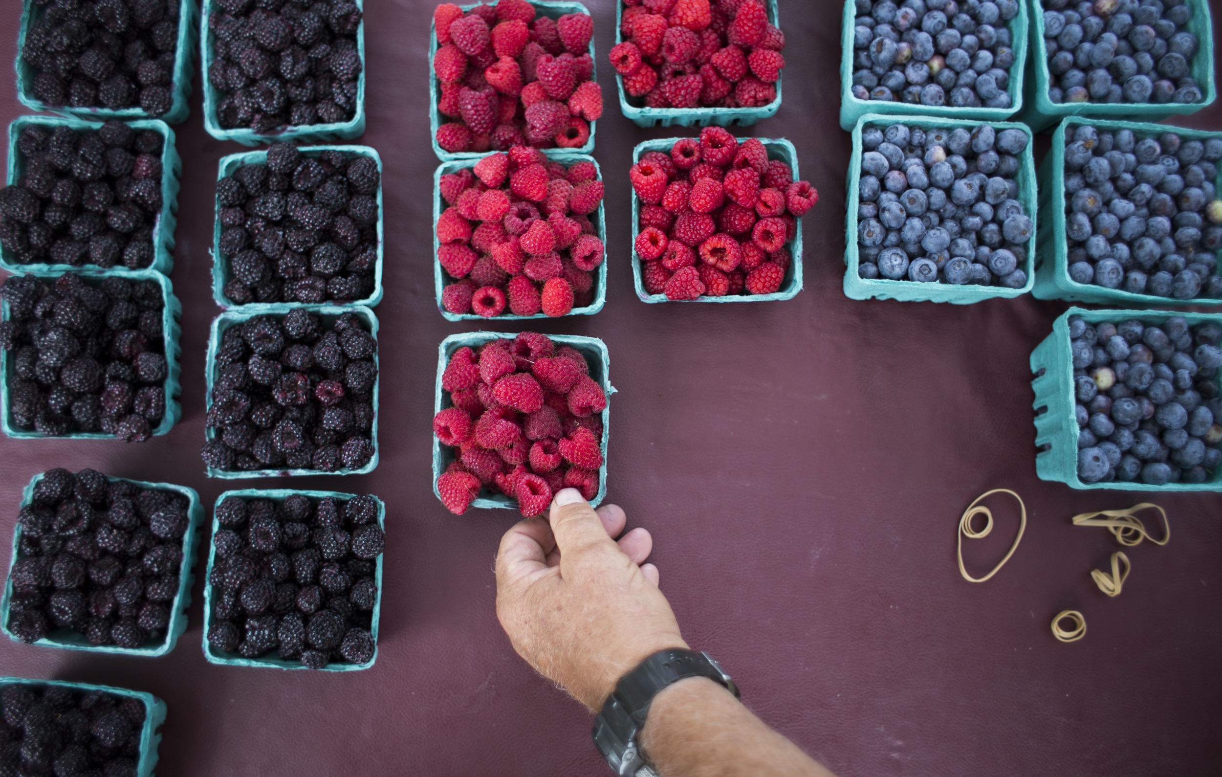 Merle Stutzman, an employee of Sand Hill Berries, sells berries at the Latrobe Farmer's Market held in Legion Keener park.