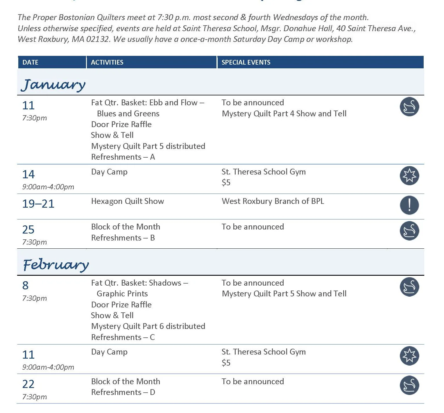 Winter/Spring/Summer Activity Calendar
