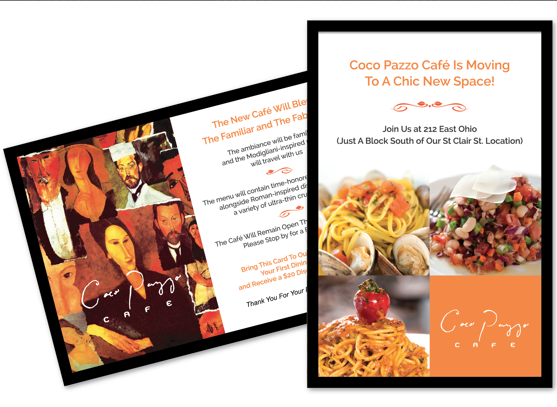 Post card announcing Coco Pazzo Cafe's move.
