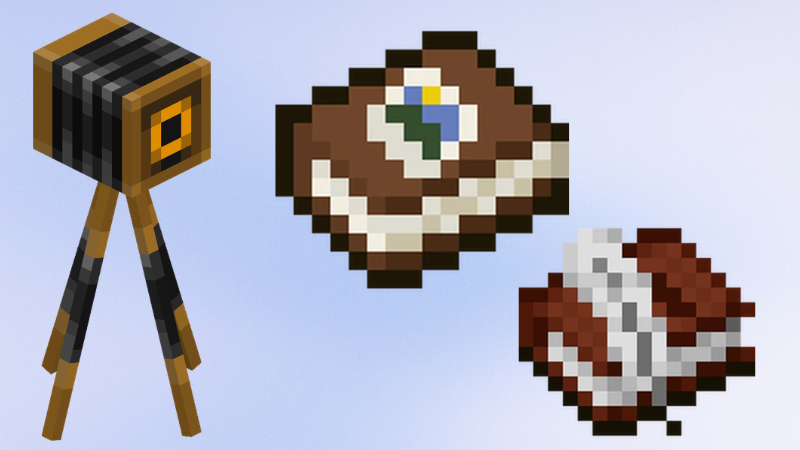 A Minecraft screenshot of the in-game camera, portfolio, and book & quill