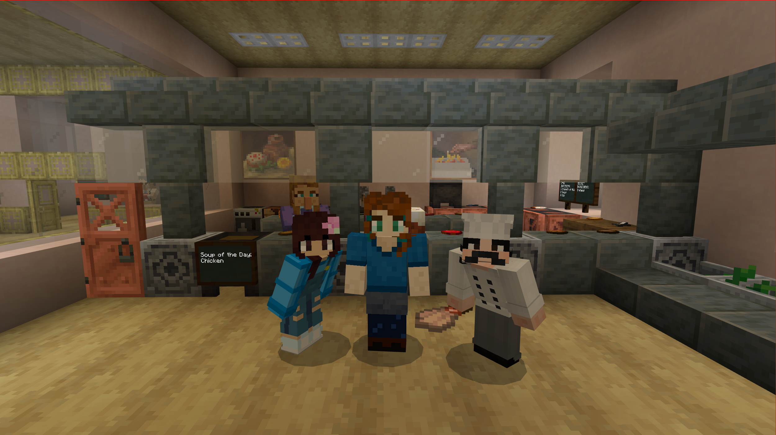 A Minecraft screenshot of three characters standing in front of a cafeteria kitchen counter