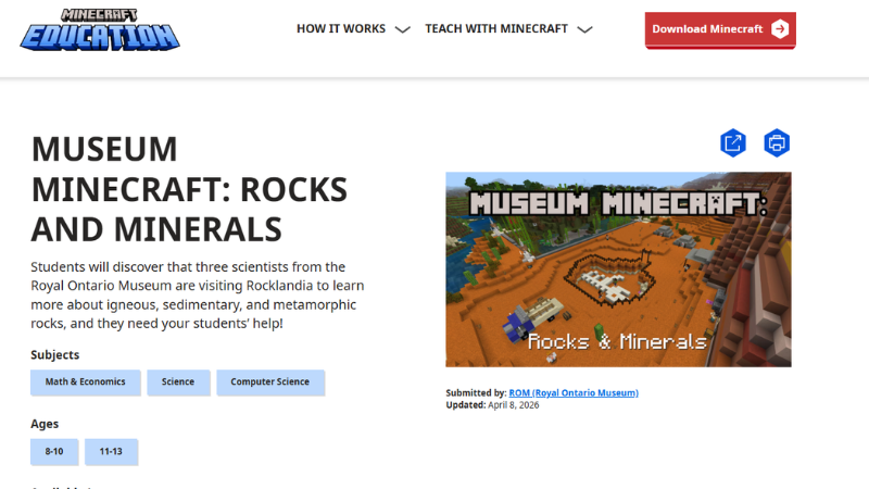 Screenshot of a lesson about Rocks and Minerals from the Minecraft lesson library