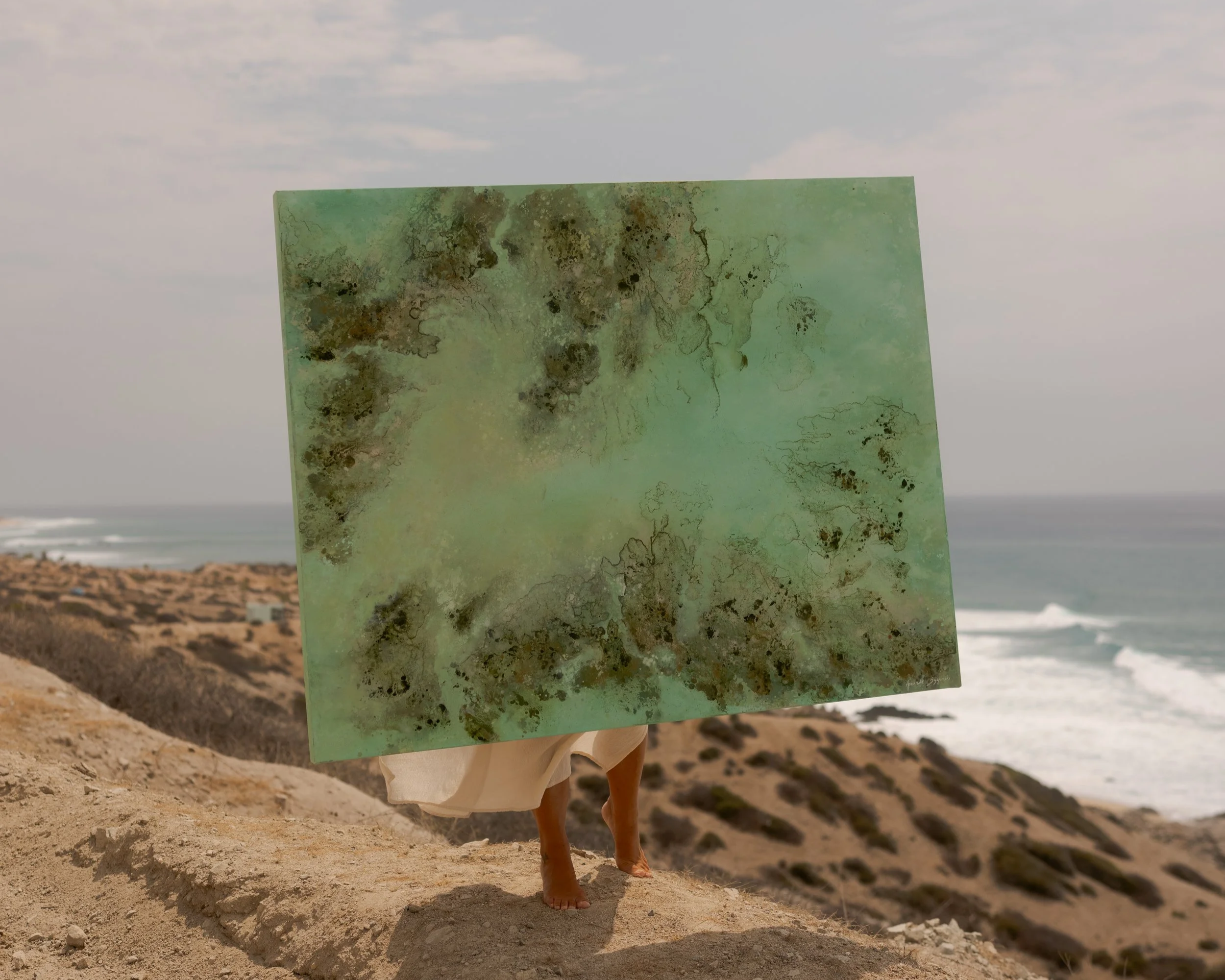 commission painting of earthy tones of the sea and reef held up on the coastline of Baja california sur