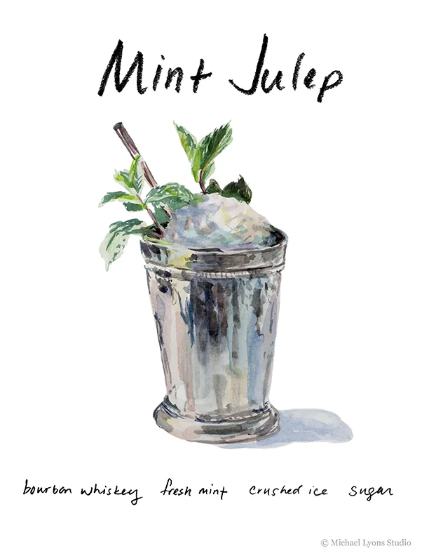 For this first image in my series of watercolor cocktails, I've chosen the Mint Julep. Horse racing is popular in our house and every year on the day of the Kentucky Derby we host friends to watch the race and imbibe Mint Juleps. We've tried different recipes over the years, but the one we like best follows the following procedure: Mint Julep: In a silver julep cup, muddle 1 tsp of superfine sugar with a few fresh mint leaves, add 2 oz of Kentucky Straight Bourbon, top with crushed ice and a fresh mint sprig. Serve with a straw and wear a big hat while drinking.