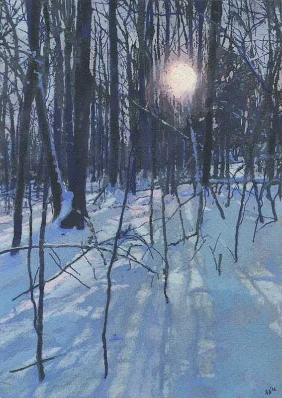 "Winter Trail, North Yarmouth, ME, 01/29/25", Ink and Gouache on Arches 140lb Cold Press Paper