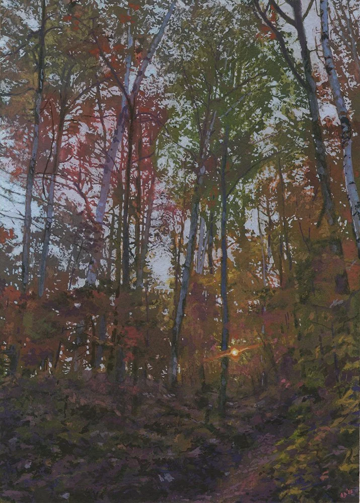 "Trail Sunrise, Flagstaff Lake, ME, 10/05/25", Ink and Gouache on Arches 140lb Cold Press Paper