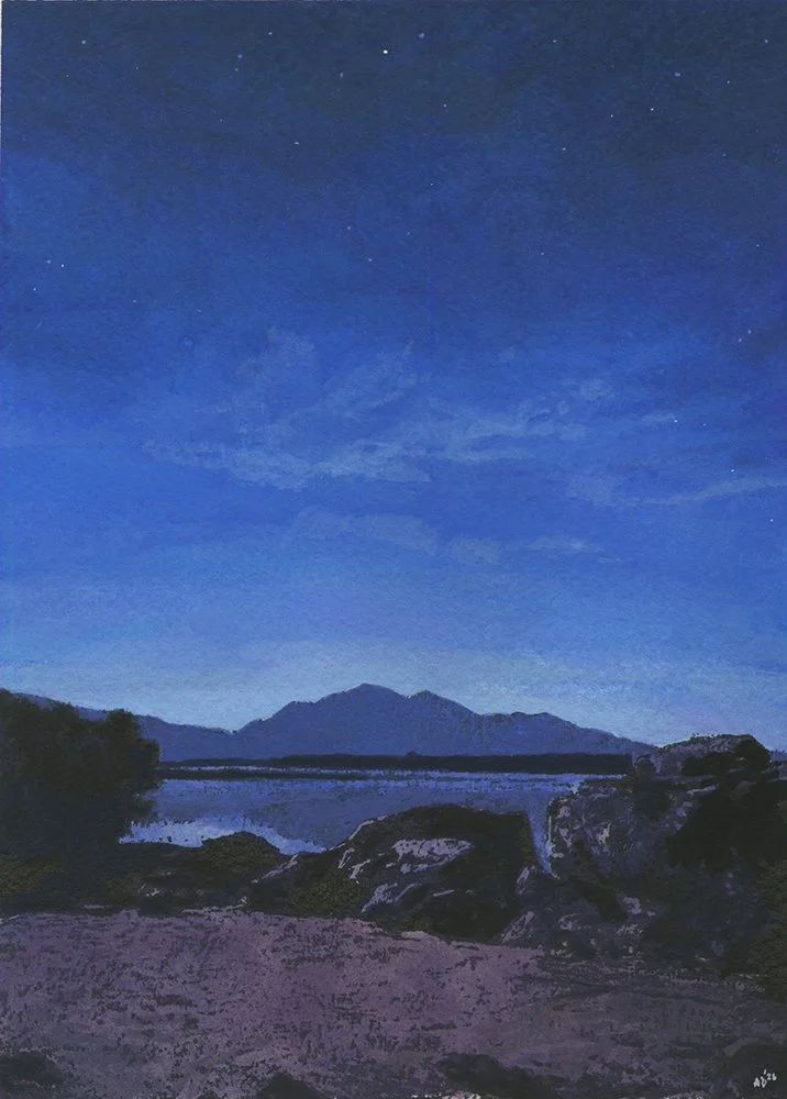 "Saturn Over Flagstaff Lake. 10/04/25", Ink and Gouache on Arches 140lb Cold Press Paper