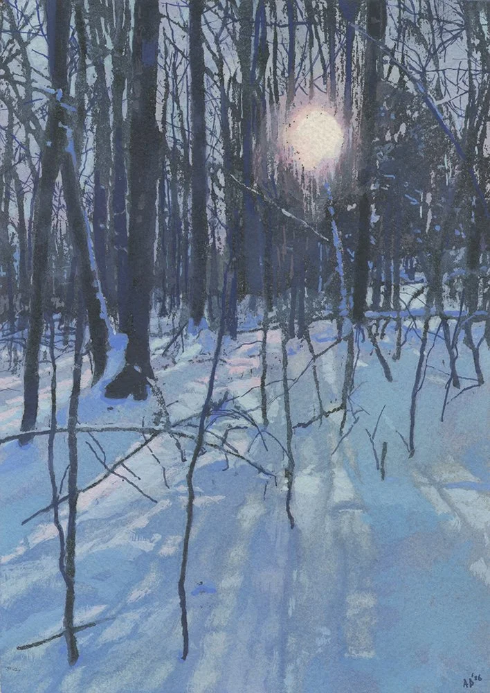 "Winter Trail, North Yarmouth, ME, 01/29/25", Ink and Gouache on Arches 140lb Cold Press Paper
