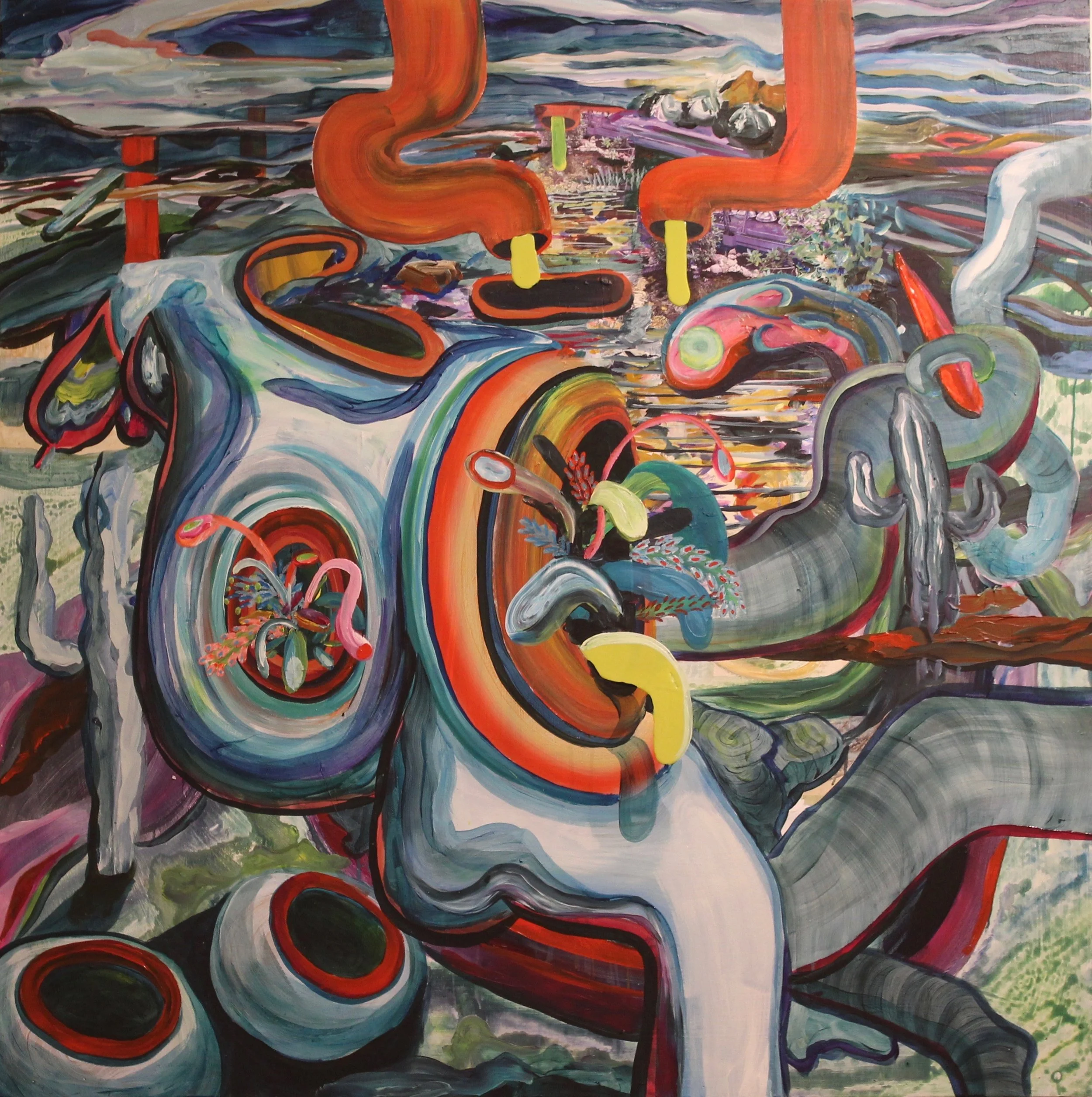 acrylic and collage on panel, 4x4 feet, 2017