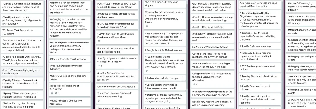 An image showing a kanban board of research into principles and practices of 70+ organizations and theorists