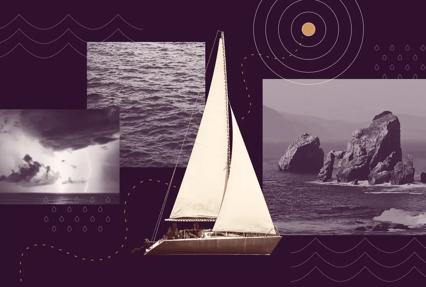 Collage of a sailboat navigating open water, representing adaptive strategy in changing conditions.