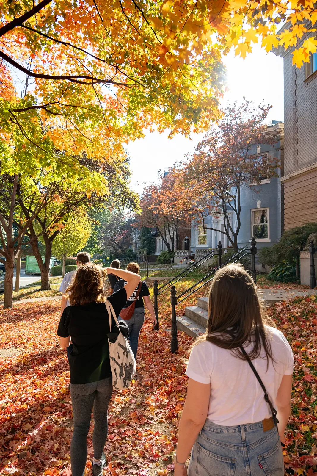 Two people walking together through a park in autumn, representing The Ready's collaborative culture.