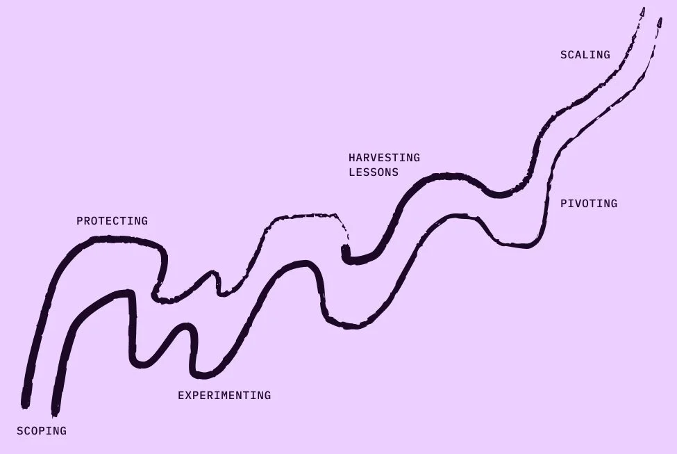 Illustration of an organizational change journey showing six stages: scoping, protecting, experimenting, harvesting lessons, pivoting, and scaling.