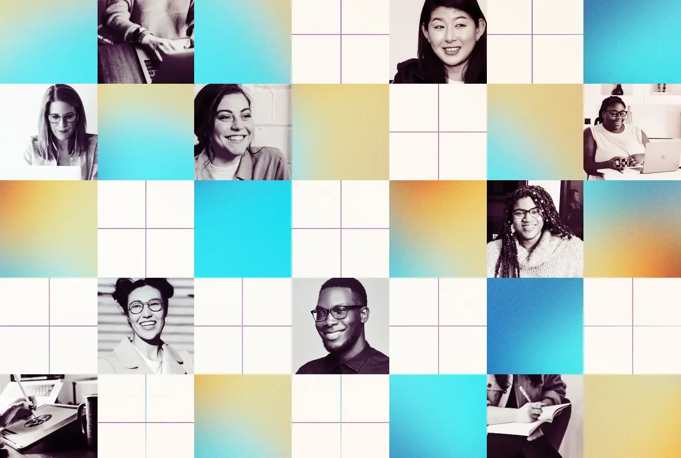Collage of diverse professionals in a grid layout, representing collective leadership development.