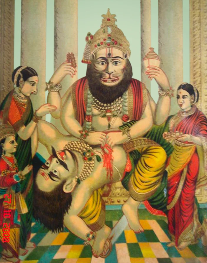 NARASIMHA PUJA & HOMA Narasimha is the ferocious half-man half-lion incarnation of Vishnu. He specifically protects his devotees. Narasimha is one of the ’wrathful’ deities and is invoked along with Sudarshana for protecting the spiritual aspirant from all negative forces that may be at work disturbing their lives and their dharma practice. The ritual can also be used as a type of exorcism which removes elementals and other troublesome astral entities as well as counteracting curses and spells.