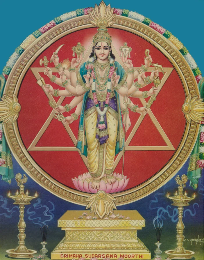 SUDARShANA PUJA & HOMA Sudarshana is the personification of the Discus held by Lord Vishnu. He is representative of will the all-pervading Cosmic Mind. Sudarshana is one of the ’wrathful’ deities and is invoked along with Narasimha for protecting the spiritual aspirant from all negative forces that may be at work disturbing their lives and their dharma practice. The ritual can also be used as a type of exorcism which removes elementals and other troublesome astral entities as well as counteracting curses and spells.