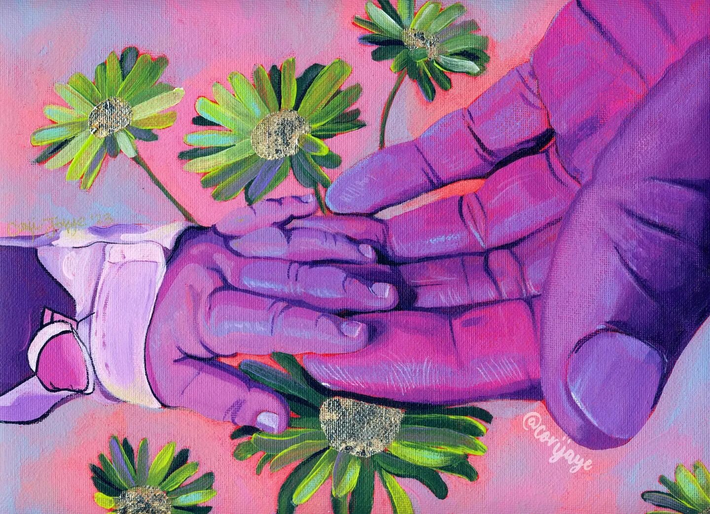 &quot;We Love You Here&quot;, 9x12, acrylic on canvas with gold foil accents.

Before we had our kiddie, my husband and I used to say to eachother &quot;we love you here&quot;. The &quot;we&quot; included our plants (plant babies, iykyk 🌿💖), but fu