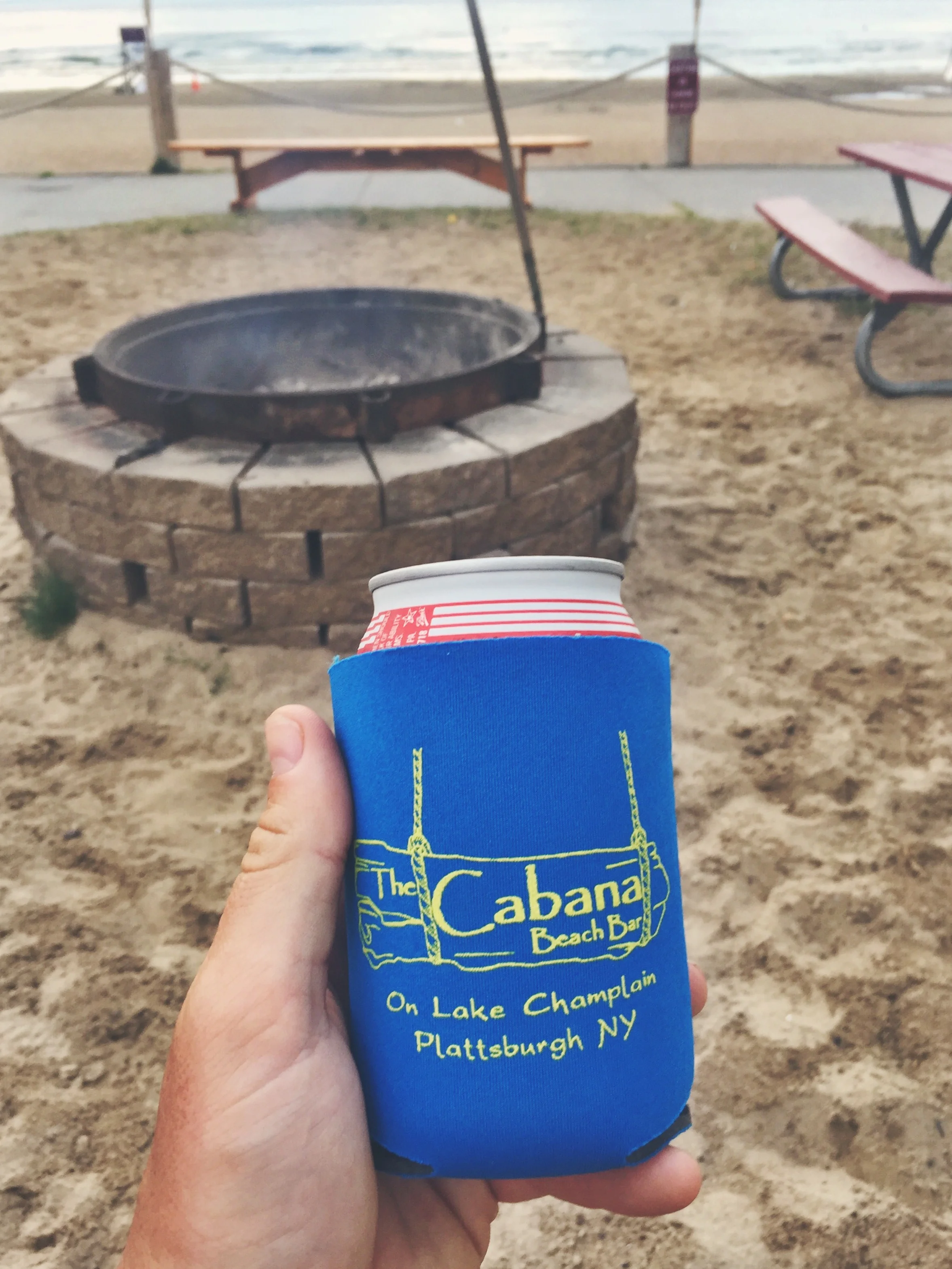 Enjoying a beer at the state beach Cabana