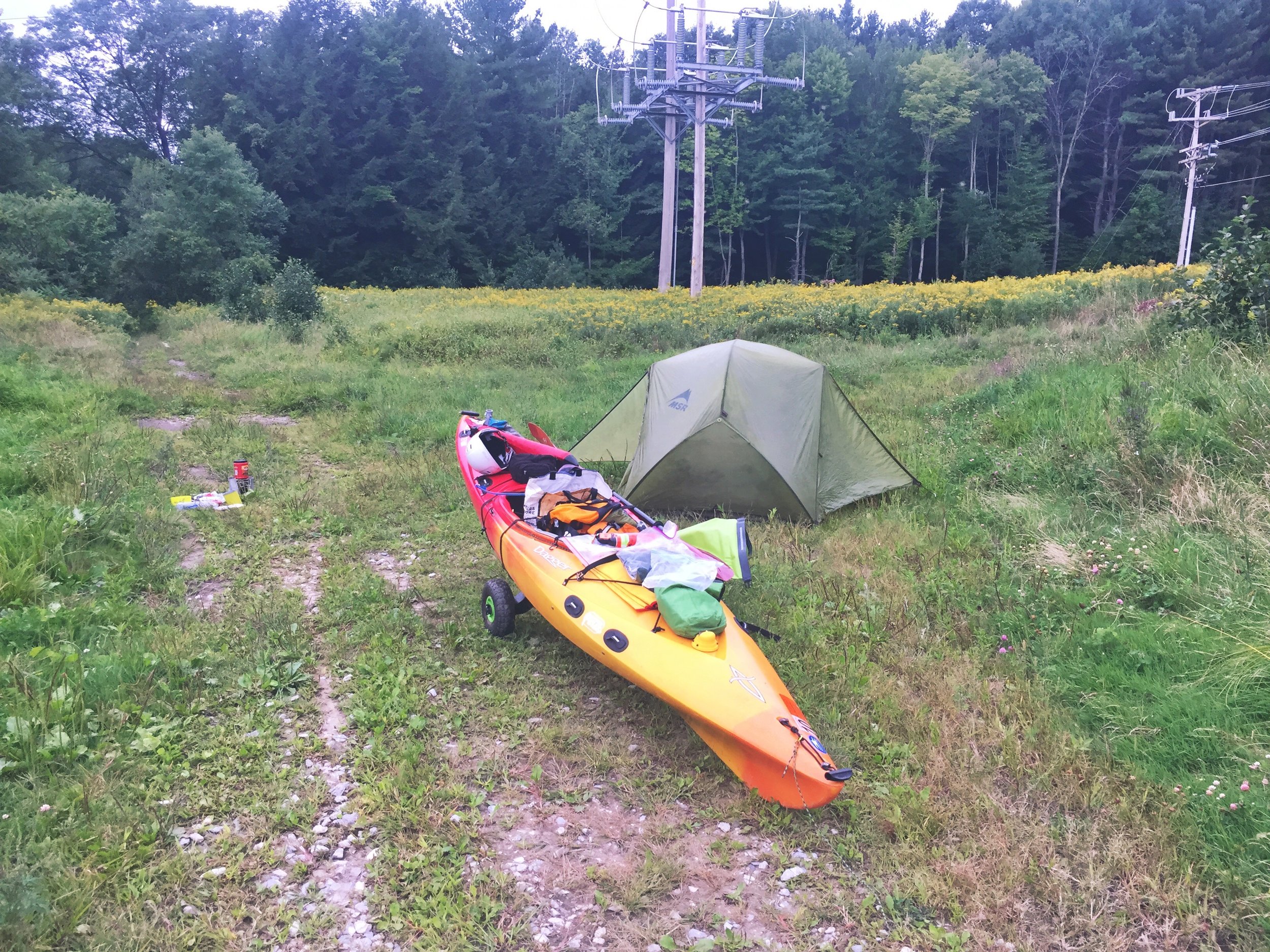 Camped along the power lines on the Highgate Falls Portage