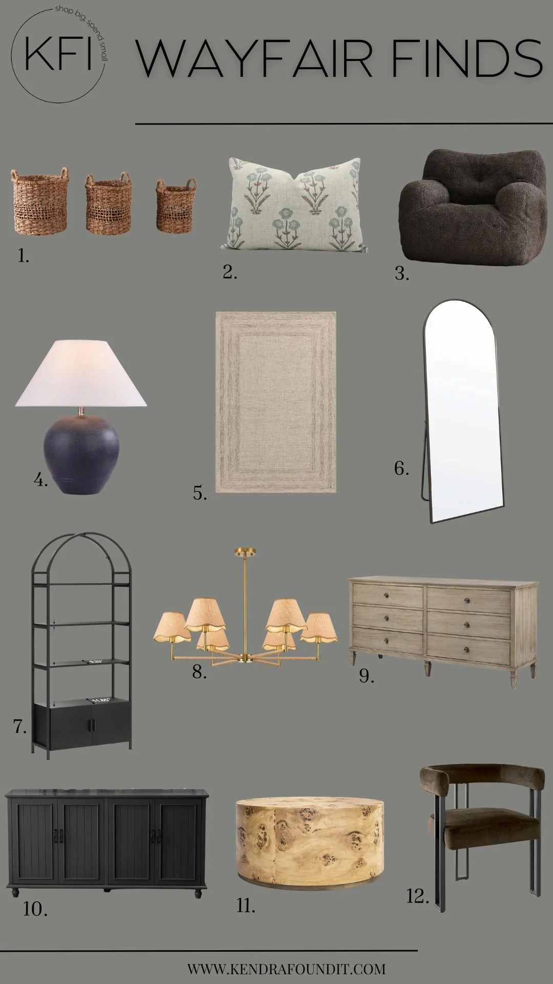 organic modern wayfair home finds (an arched mirror, wicker baskets, a rustic table lamp, a neutral carpet and more)